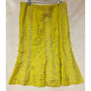 JSong Collection Linen Midi Skirt Womens 14 Yellow Excellent Embroidered Eyelet